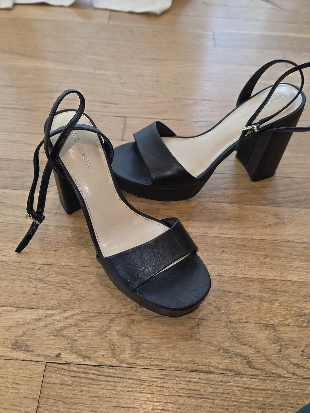 Vince Camuto Black Leather Pendry Platform Sandal Open-Strap Ankle Tie Heels